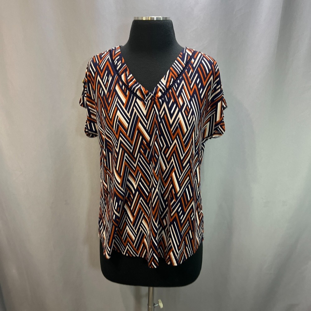 Flower & Feather Blouse Top Womens Medium Multi Chevron Print Stretch V Neck